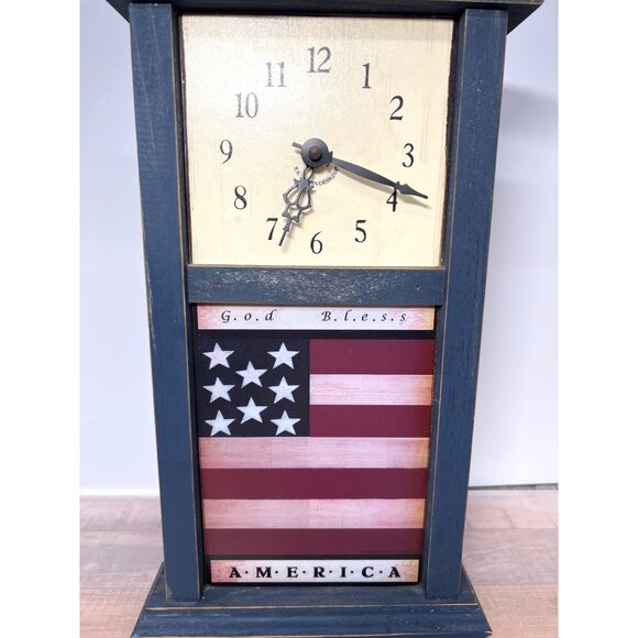 Rustic Patriotic Wooden Tabletop Clock With American Flag Design - Picture 2 of 5